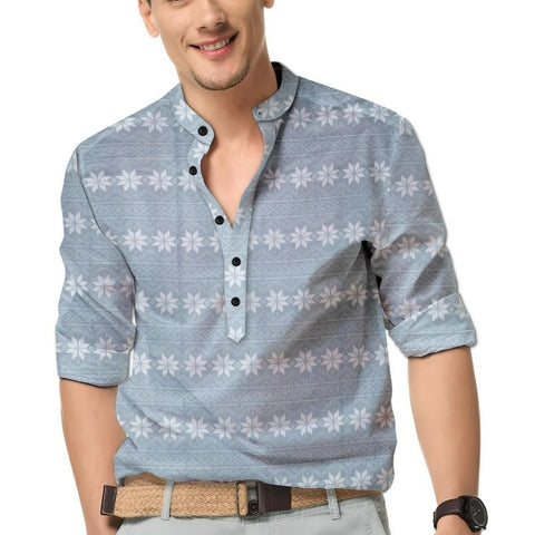Men's Printed Spread Collar Casual Shirt Grey